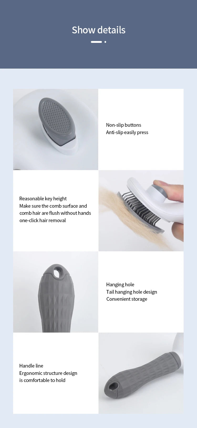 Cat Brush Remove Hair Pet Hair Removal Comb for Cats Non-slip Grooming Brush Stainless Steel Dog Combs Brushes Cat Accessories