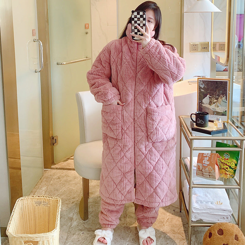 Couple Pajamas Women's Autumn and Winter Coral Fleece Super Thick Fleece-lined Three-Layer Quilted plus Size Men's Robes Suit