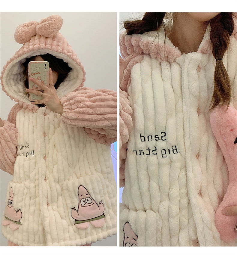 Paidaxing Hooded Pajamas Women's Winter Velvet Thickening Outfit Three-Layer Quilted Coral Fleece Heattech Sweet Home Wear