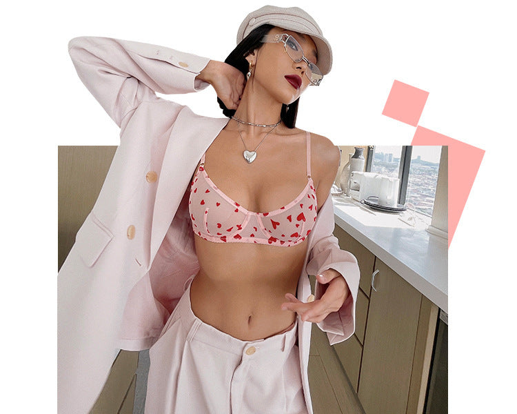 Flocked Printed Heart-Shaped Women's Intimates Ultra-Thin Bra Lace Sexy Steel Ring Push-up Thin Bra Set