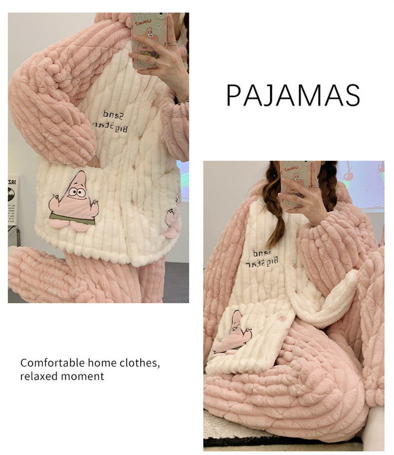 Paidaxing Hooded Pajamas Women's Winter Velvet Thickening Outfit Three-Layer Quilted Coral Fleece Heattech Sweet Home Wear