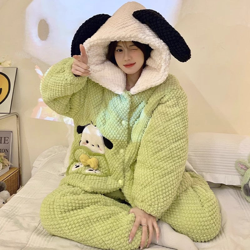 Paidaxing Hooded Pajamas Women's Winter Velvet Thickening Outfit Three-Layer Quilted Coral Fleece Heattech Sweet Home Wear