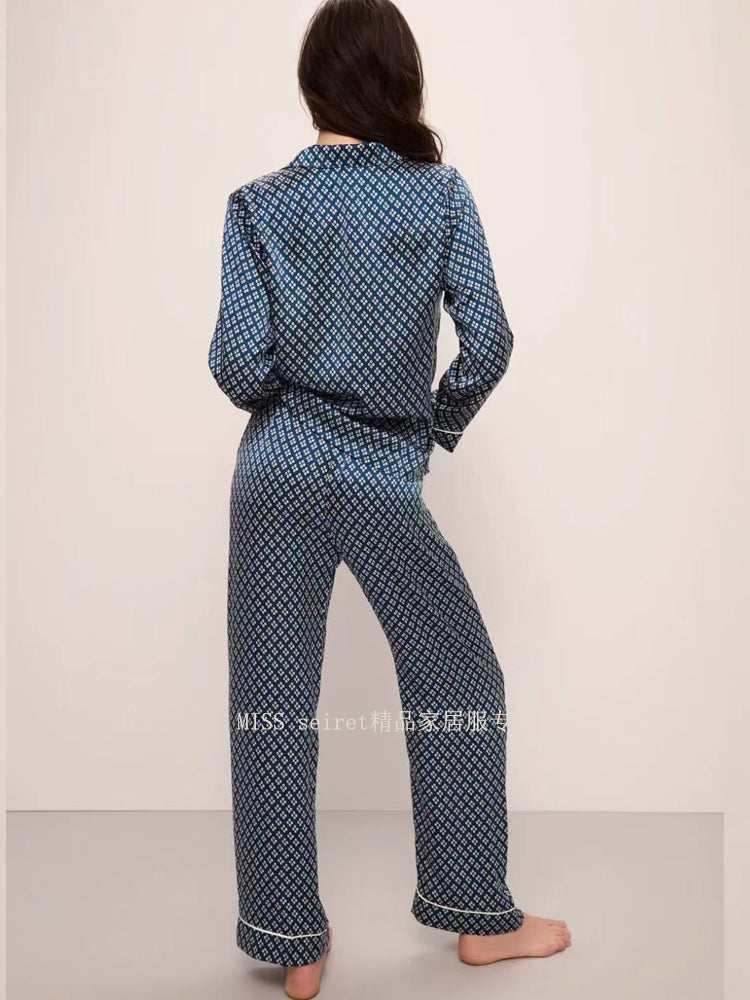 European and American Entry Lux ~ Navy Blue Four-Leaf Clover Silk Satin Pajamas Women's Suit Autumn Long Sleeves Pants Fashion Home Wear