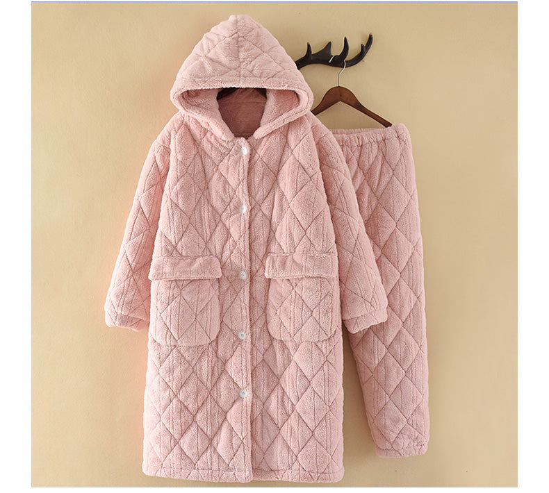 Couple Pajamas Women's Autumn and Winter Coral Fleece Super Thick Fleece-lined Three-Layer Quilted plus Size Men's Robes Suit