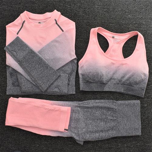 Ombre Women Yoga Set Seamless Leggings Long Sleeve Crop Top