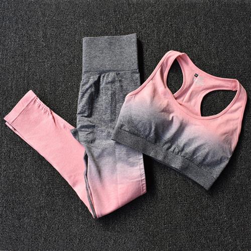 Ombre Women Yoga Set Seamless Leggings Long Sleeve Crop Top