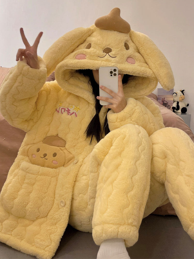 Pajamas Women's Autumn and Winter Thickened Fleece-lined Three-Layer Quilted Warm Coral Fleece Cute Pom Pom Purin Homewear Set