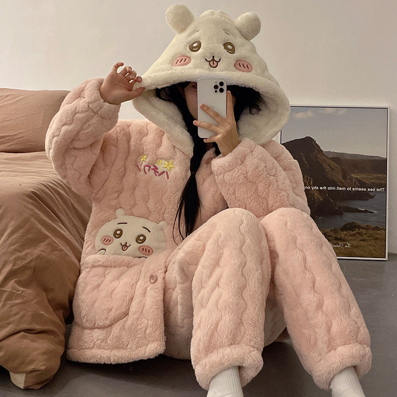 Pajamas Women's Autumn and Winter Thickened Fleece-lined Three-Layer Quilted Warm Coral Fleece Cute Pom Pom Purin Homewear Set