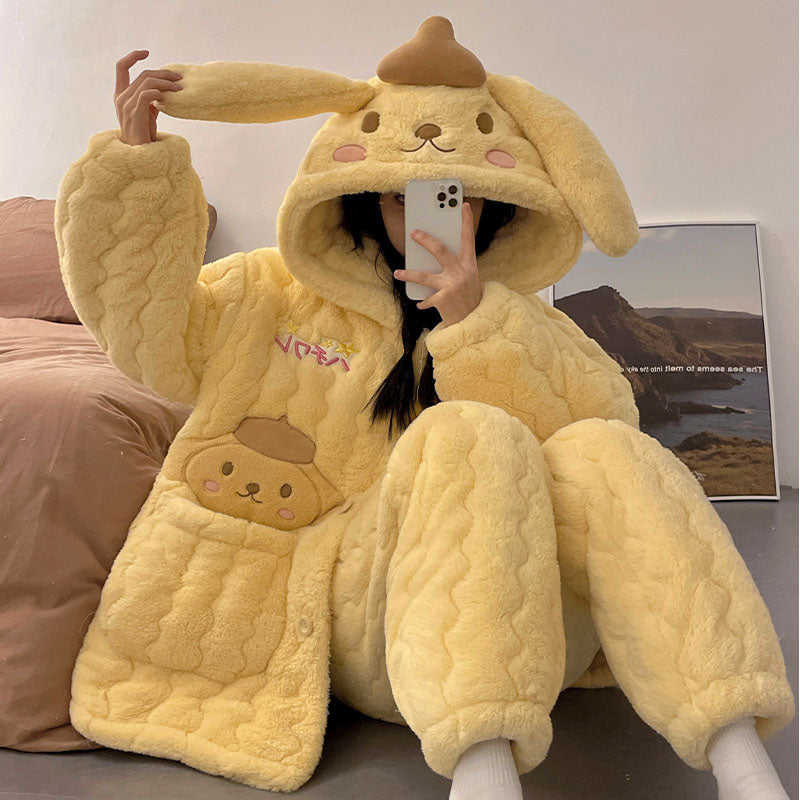 Pajamas Women's Autumn and Winter Thickened Fleece-lined Three-Layer Quilted Warm Coral Fleece Cute Pom Pom Purin Homewear Set