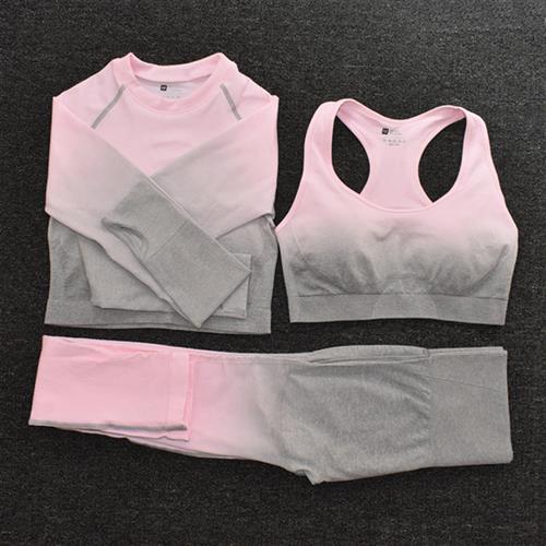 Ombre Women Yoga Set Seamless Leggings Long Sleeve Crop Top