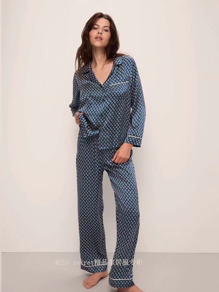 European and American Entry Lux ~ Navy Blue Four-Leaf Clover Silk Satin Pajamas Women's Suit Autumn Long Sleeves Pants Fashion Home Wear