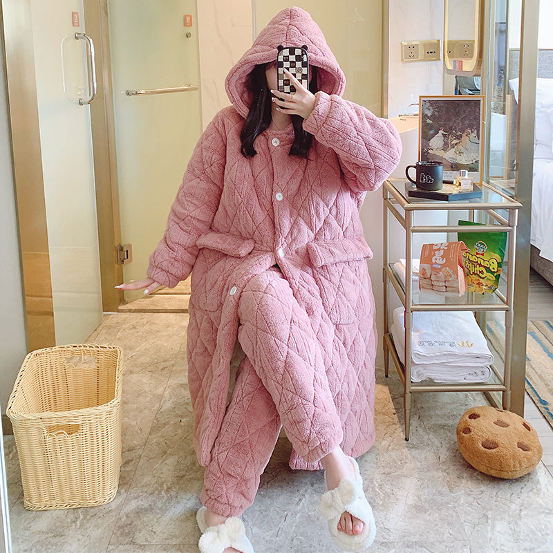 Couple Pajamas Women's Autumn and Winter Coral Fleece Super Thick Fleece-lined Three-Layer Quilted plus Size Men's Robes Suit