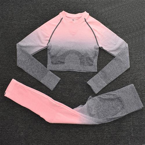 Ombre Women Yoga Set Seamless Leggings Long Sleeve Crop Top