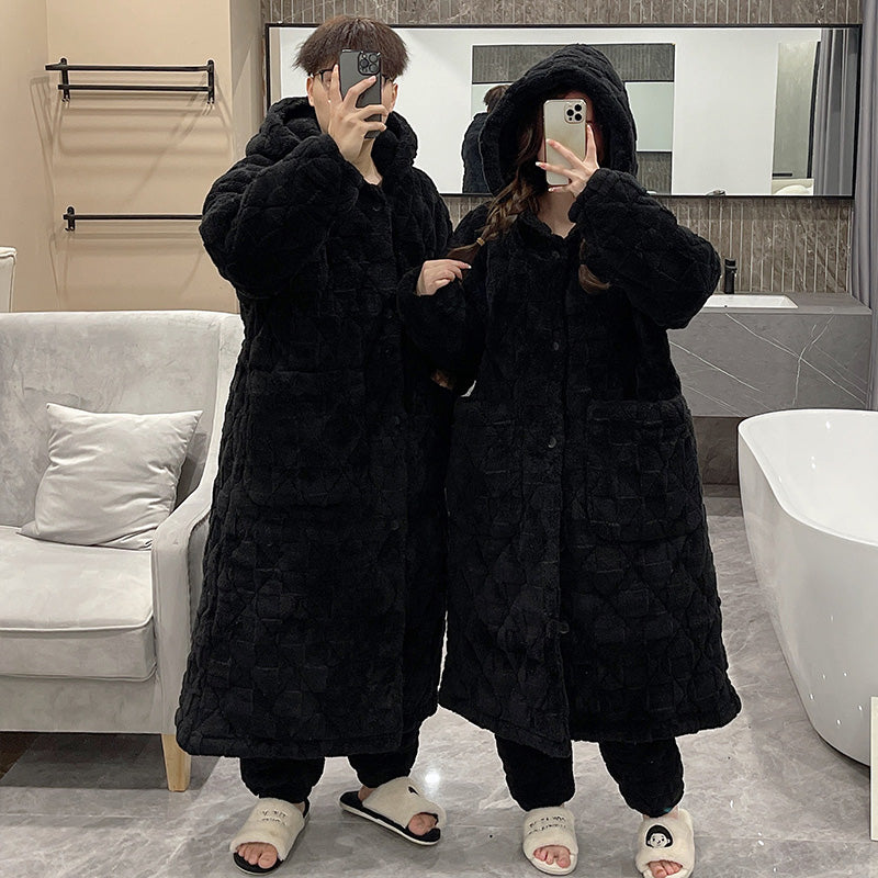 Couple Pajamas Women's Autumn and Winter Coral Fleece Super Thick Fleece-lined Three-Layer Quilted plus Size Men's Robes Suit