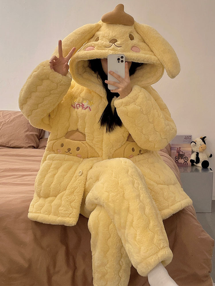 Pajamas Women's Autumn and Winter Thickened Fleece-lined Three-Layer Quilted Warm Coral Fleece Cute Pom Pom Purin Homewear Set