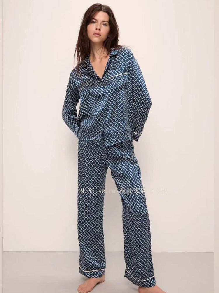 European and American Entry Lux ~ Navy Blue Four-Leaf Clover Silk Satin Pajamas Women's Suit Autumn Long Sleeves Pants Fashion Home Wear