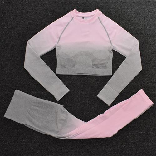 Ombre Women Yoga Set Seamless Leggings Long Sleeve Crop Top