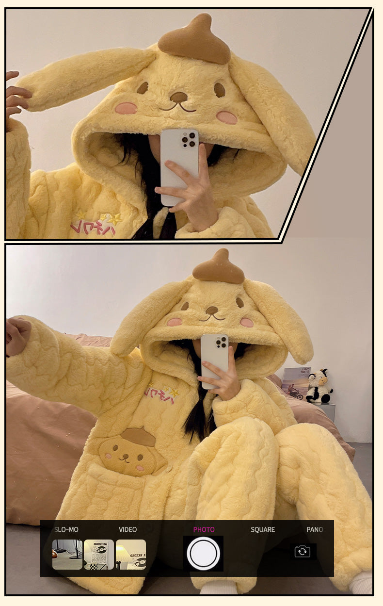 Pajamas Women's Autumn and Winter Thickened Fleece-lined Three-Layer Quilted Warm Coral Fleece Cute Pom Pom Purin Homewear Set