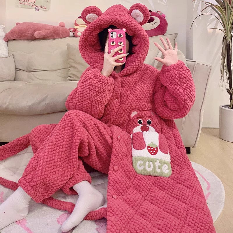 Paidaxing Hooded Pajamas Women's Winter Velvet Thickening Outfit Three-Layer Quilted Coral Fleece Heattech Sweet Home Wear