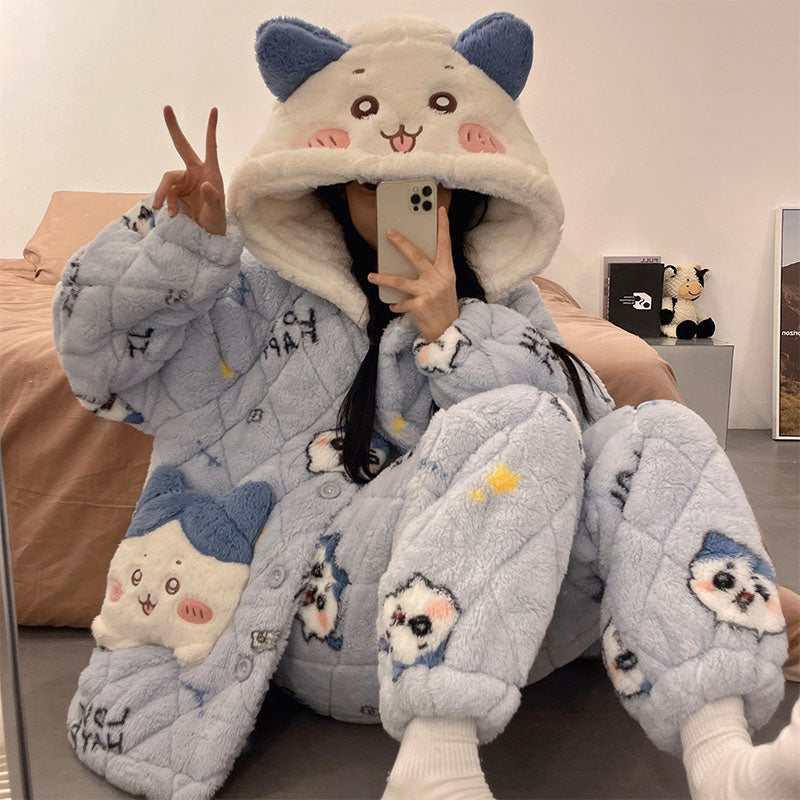 Pajamas Women's Autumn and Winter Thickened Fleece-lined Three-Layer Quilted Warm Coral Fleece Cute Pom Pom Purin Homewear Set