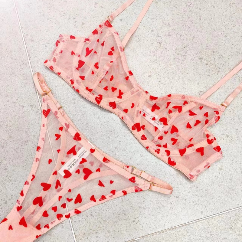 Flocked Printed Heart-Shaped Women's Intimates Ultra-Thin Bra Lace Sexy Steel Ring Push-up Thin Bra Set