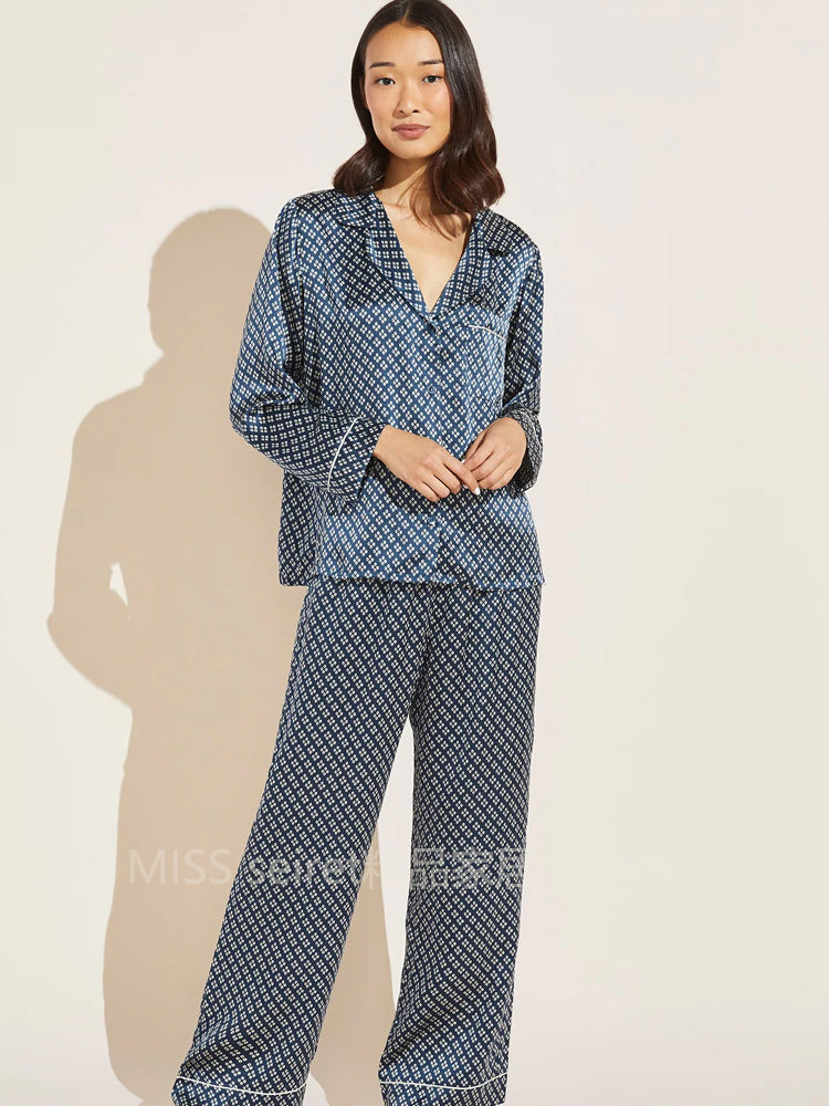 European and American Entry Lux ~ Navy Blue Four-Leaf Clover Silk Satin Pajamas Women's Suit Autumn Long Sleeves Pants Fashion Home Wear