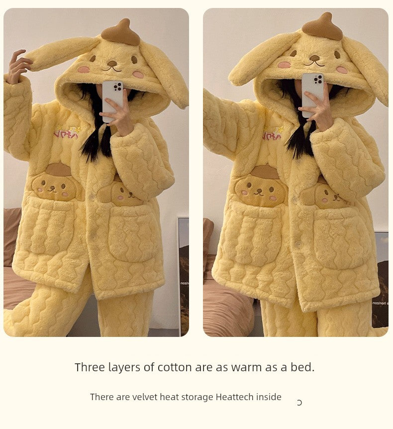 Pajamas Women's Autumn and Winter Thickened Fleece-lined Three-Layer Quilted Warm Coral Fleece Cute Pom Pom Purin Homewear Set