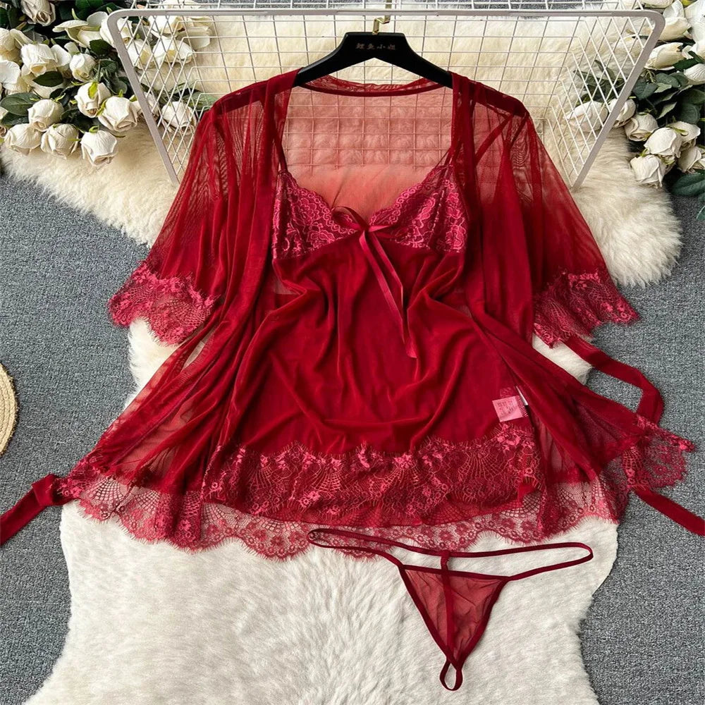 Hollow Backless Strap Playsuit Deep V-Neck Transparent Lace Slim Bow Bodysuit Sexy Lingerie Women's Pajamas Nightwear Rompers