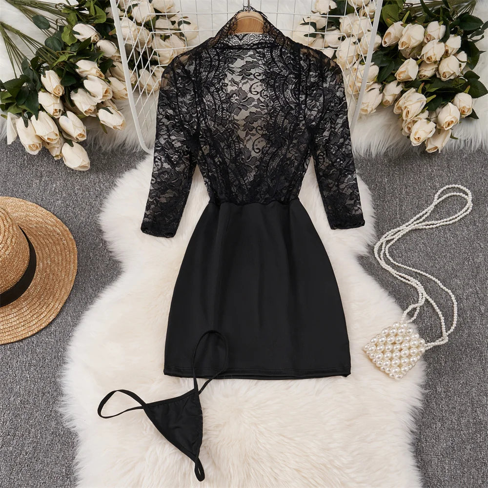 Hollow Backless Strap Playsuit Deep V-Neck Transparent Lace Slim Bow Bodysuit Sexy Lingerie Women's Pajamas Nightwear Rompers