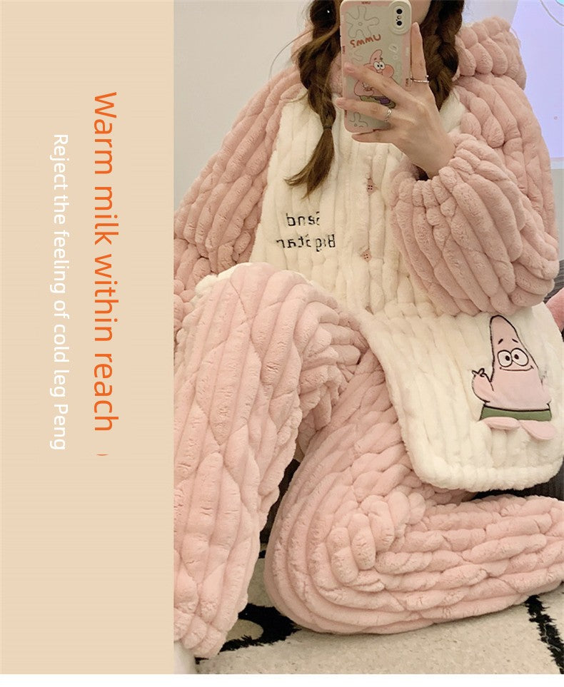 Paidaxing Hooded Pajamas Women's Winter Velvet Thickening Outfit Three-Layer Quilted Coral Fleece Heattech Sweet Home Wear