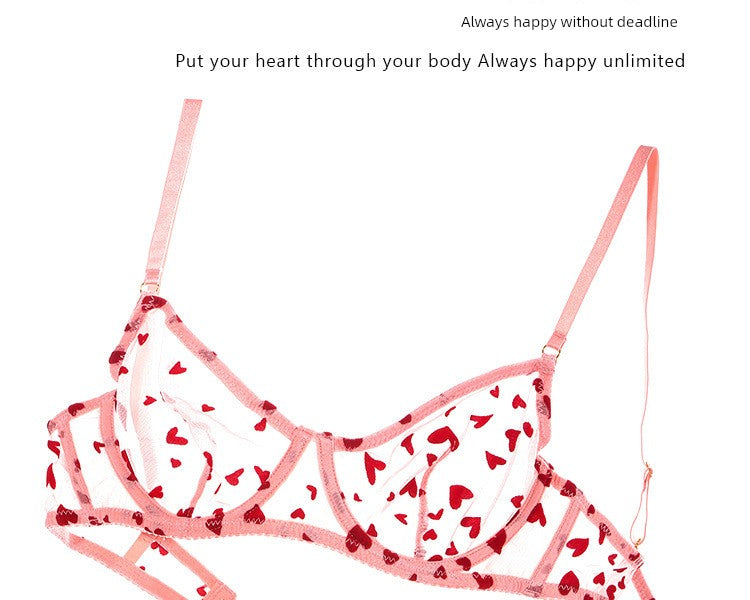 Flocked Printed Heart-Shaped Women's Intimates Ultra-Thin Bra Lace Sexy Steel Ring Push-up Thin Bra Set