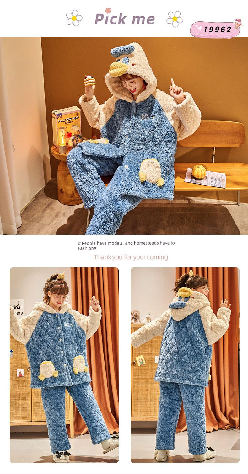 Paidaxing Hooded Pajamas Women's Winter Velvet Thickening Outfit Three-Layer Quilted Coral Fleece Heattech Sweet Home Wear