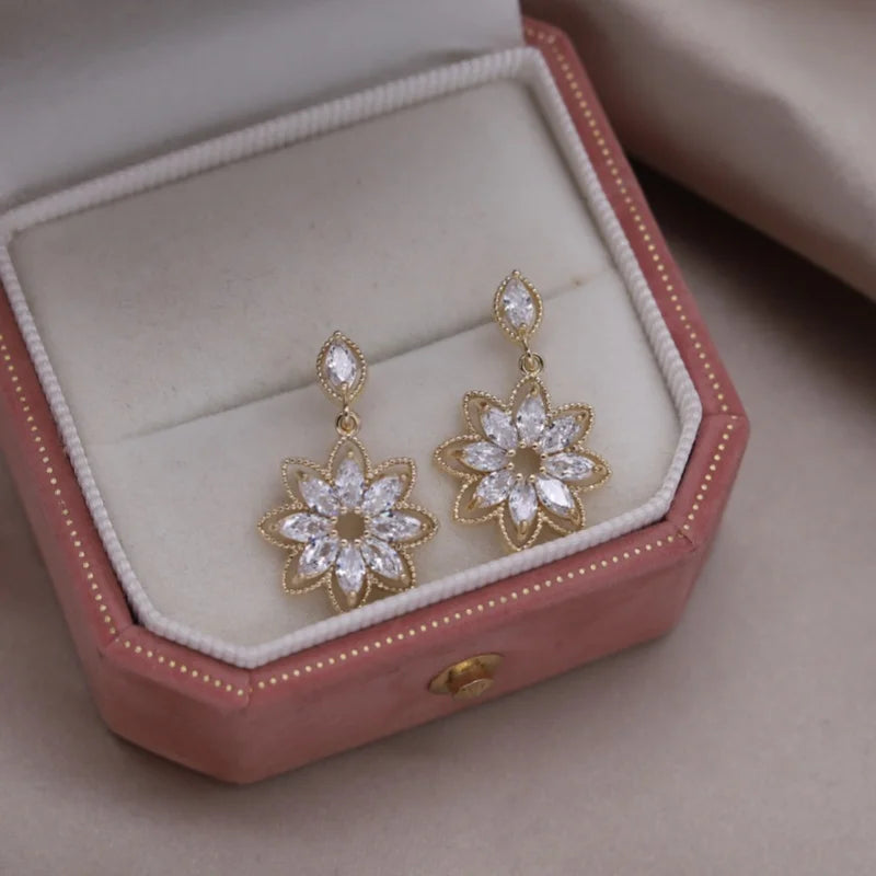 South Korea hot selling fashion jewelry 14K gold plated glass flower earrings elegant women's daily work accessories