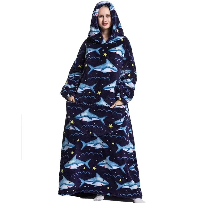 Flannel Blanket with Sleeves Winter Sweatshirt  Pullover Fleece Giant Shark Wearable Blanket Hoodie for adults kids babys