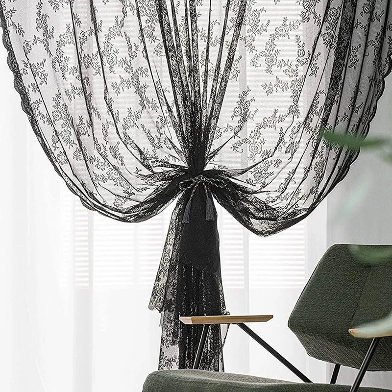 Floral Lace Sheer Rod Pocket Curtain Panel Outdoor Lace Curtain Window Bedroom Living room Partition Curtain Home Decoration