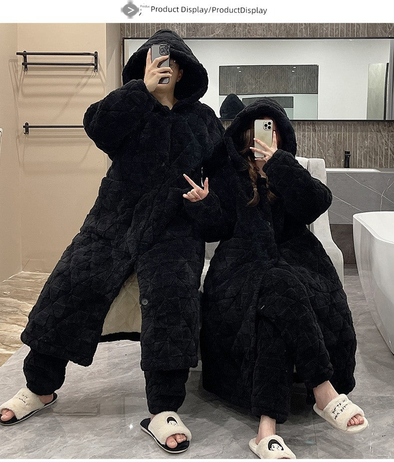 Couple Pajamas Women's Autumn and Winter Coral Fleece Super Thick Fleece-lined Three-Layer Quilted plus Size Men's Robes Suit