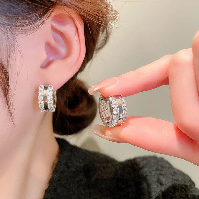 Huitan Trendy Female Silver Color Hoop Earrings with Bright Cubic Zirconia Fashion Women Daily Wearable Accessories Stylish Gift