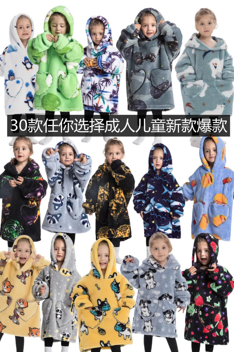 Flannel Blanket with Sleeves Winter Sweatshirt  Pullover Fleece Giant Shark Wearable Blanket Hoodie for adults kids babys