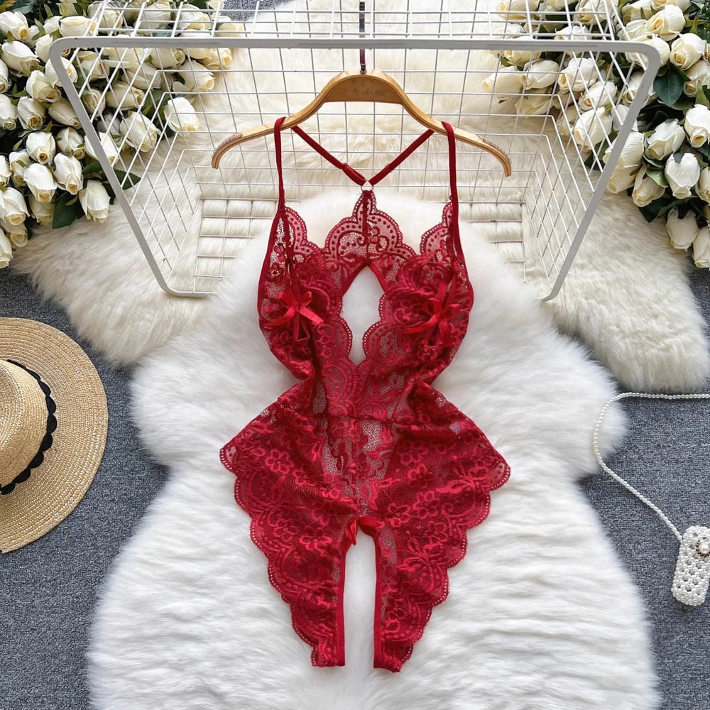 Hollow Backless Strap Playsuit Deep V-Neck Transparent Lace Slim Bow Bodysuit Sexy Lingerie Women's Pajamas Nightwear Rompers