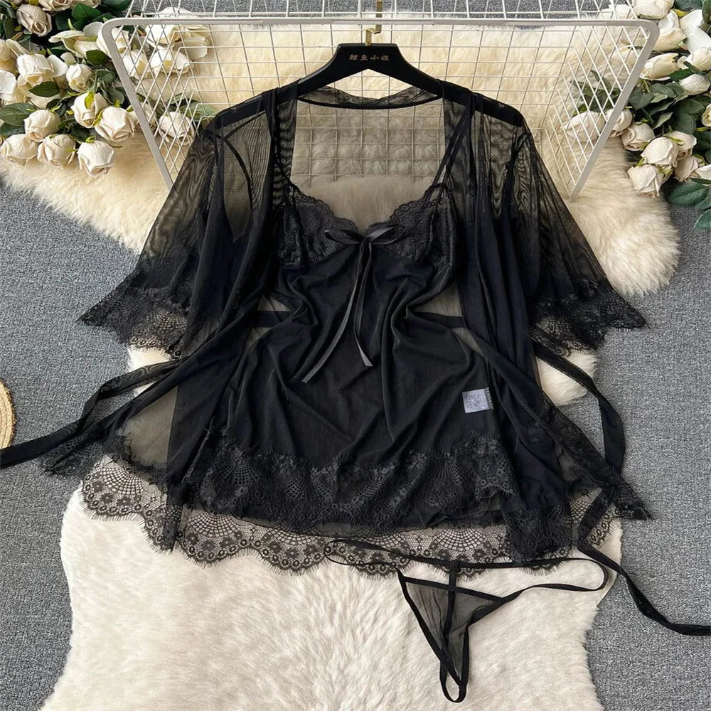 Hollow Backless Strap Playsuit Deep V-Neck Transparent Lace Slim Bow Bodysuit Sexy Lingerie Women's Pajamas Nightwear Rompers