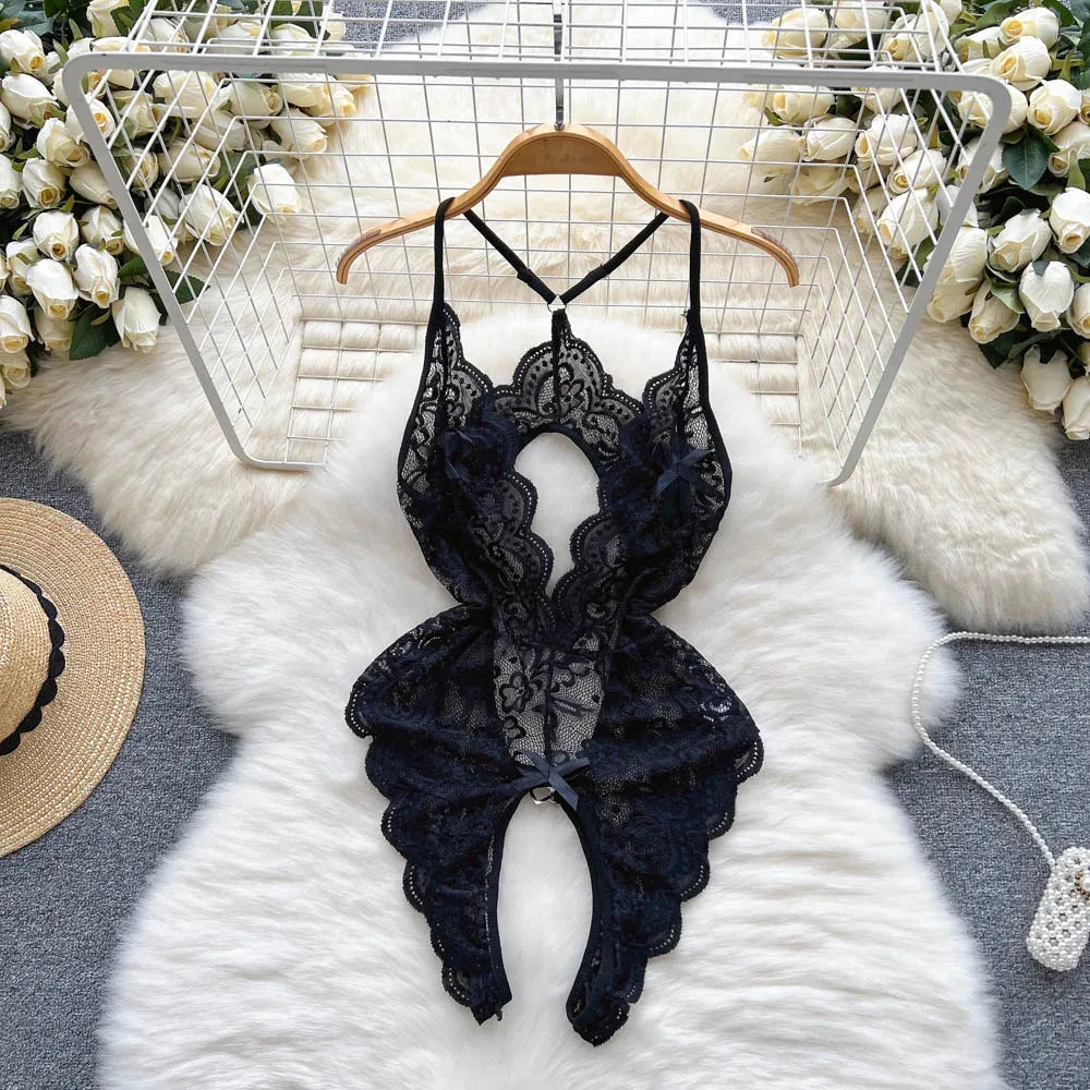 Hollow Backless Strap Playsuit Deep V-Neck Transparent Lace Slim Bow Bodysuit Sexy Lingerie Women's Pajamas Nightwear Rompers