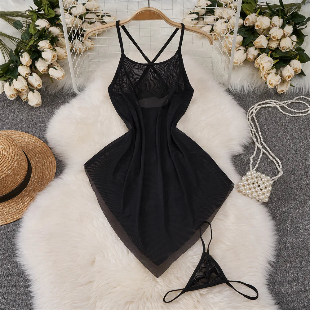 Hollow Backless Strap Playsuit Deep V-Neck Transparent Lace Slim Bow Bodysuit Sexy Lingerie Women's Pajamas Nightwear Rompers