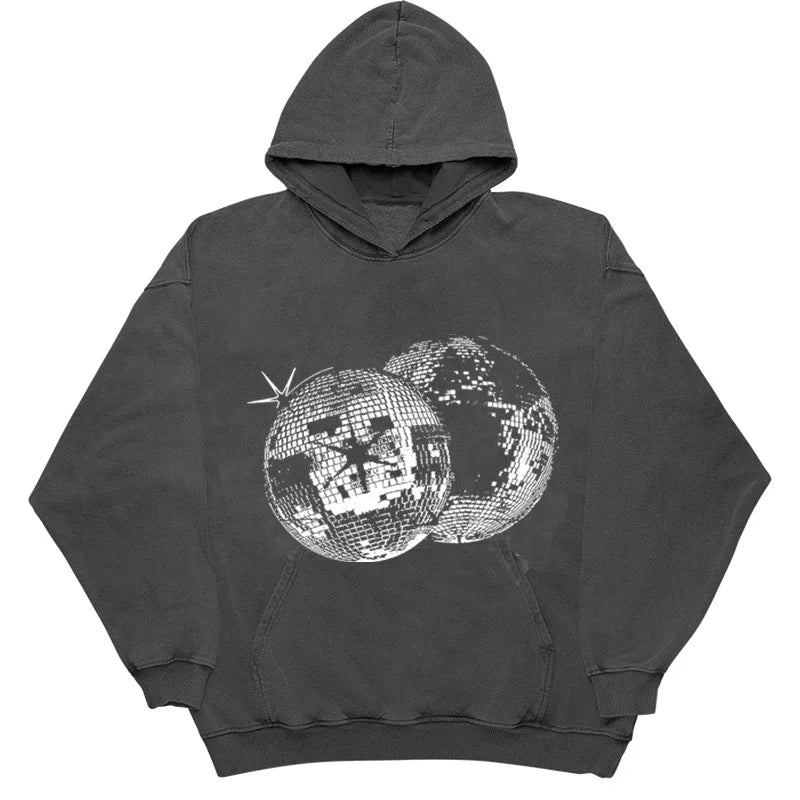 Y2K Hoodies Clothes Women Vintage Mirror Ball Print Autumn Winter Long Sleeves Pocket Loose Sweatshirt Fashion Gothic Streetwear