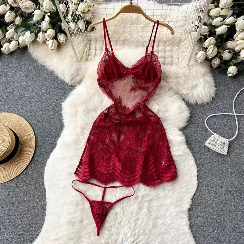 Hollow Backless Strap Playsuit Deep V-Neck Transparent Lace Slim Bow Bodysuit Sexy Lingerie Women's Pajamas Nightwear Rompers