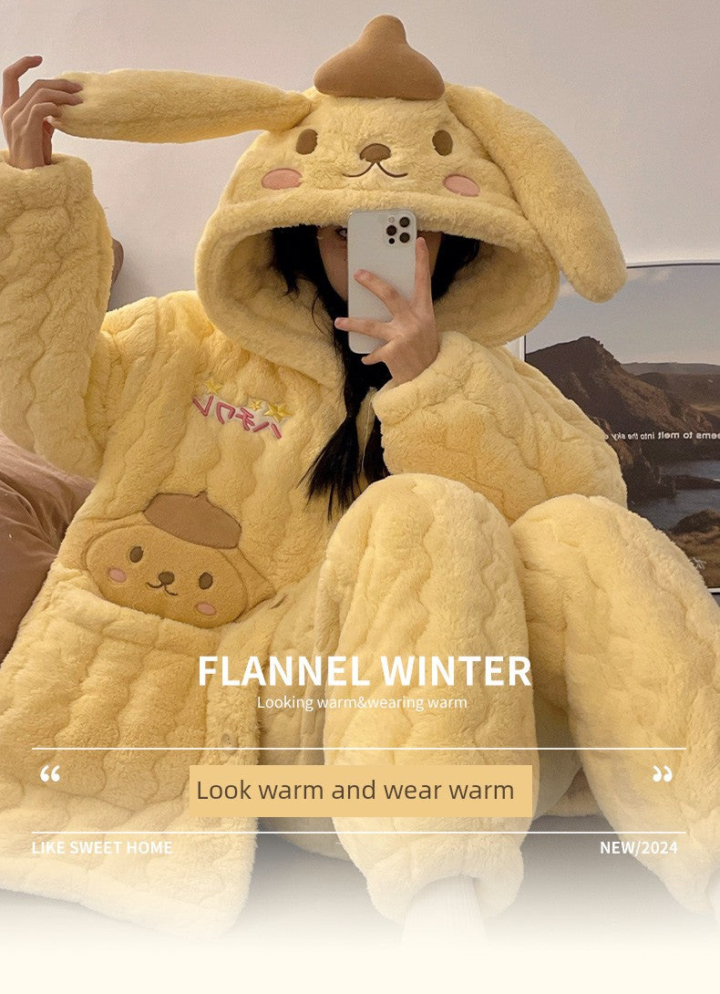 Pajamas Women's Autumn and Winter Thickened Fleece-lined Three-Layer Quilted Warm Coral Fleece Cute Pom Pom Purin Homewear Set