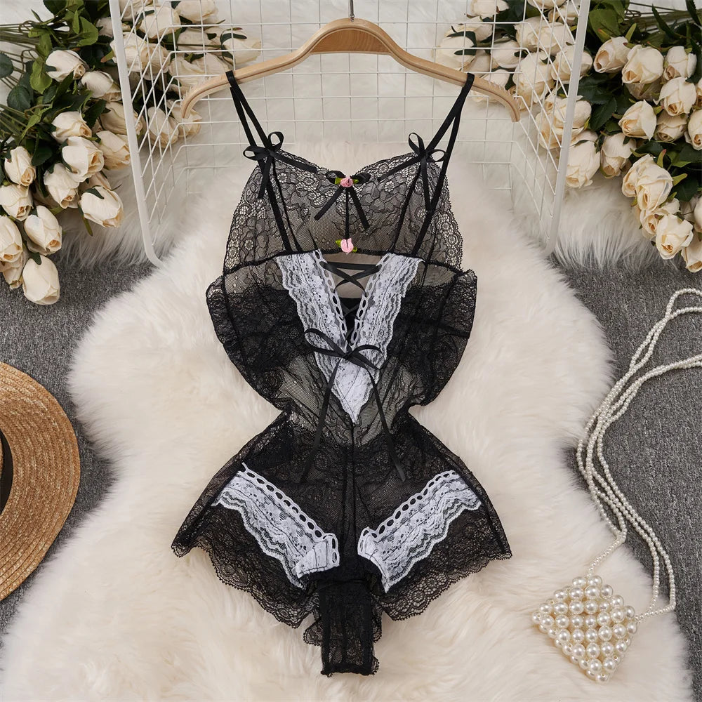 Hollow Backless Strap Playsuit Deep V-Neck Transparent Lace Slim Bow Bodysuit Sexy Lingerie Women's Pajamas Nightwear Rompers