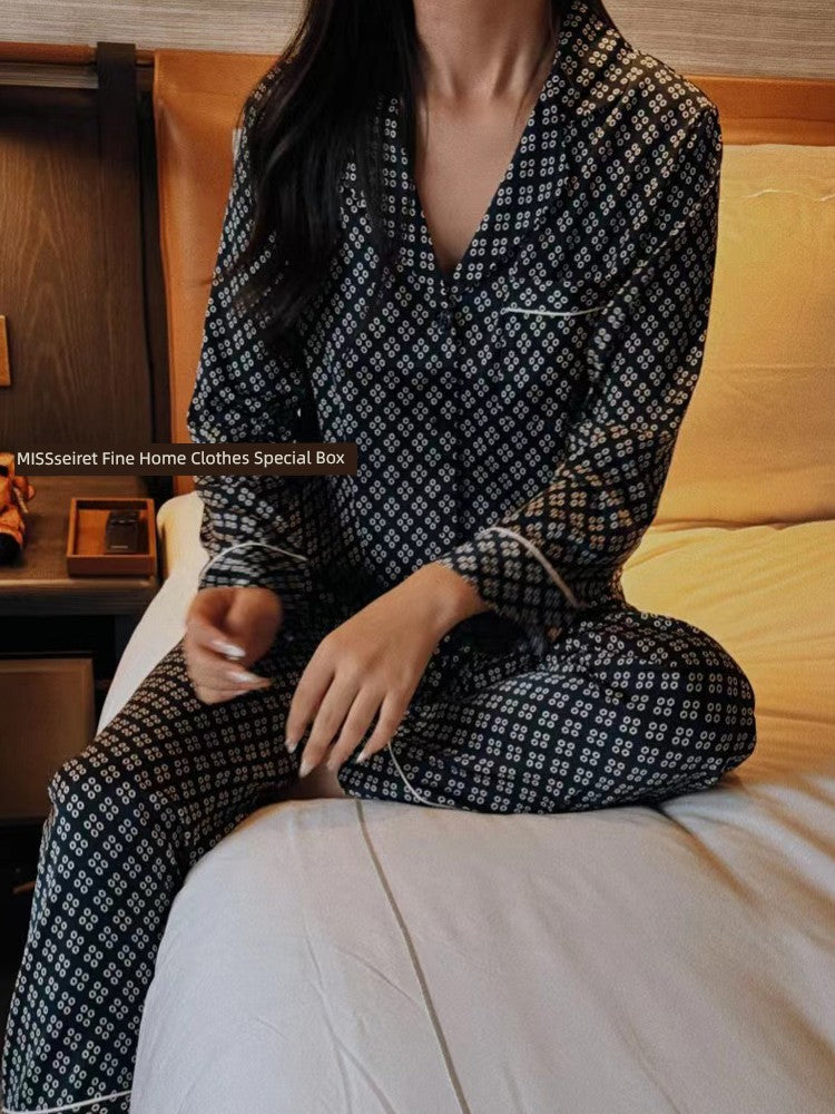 European and American Entry Lux ~ Navy Blue Four-Leaf Clover Silk Satin Pajamas Women's Suit Autumn Long Sleeves Pants Fashion Home Wear