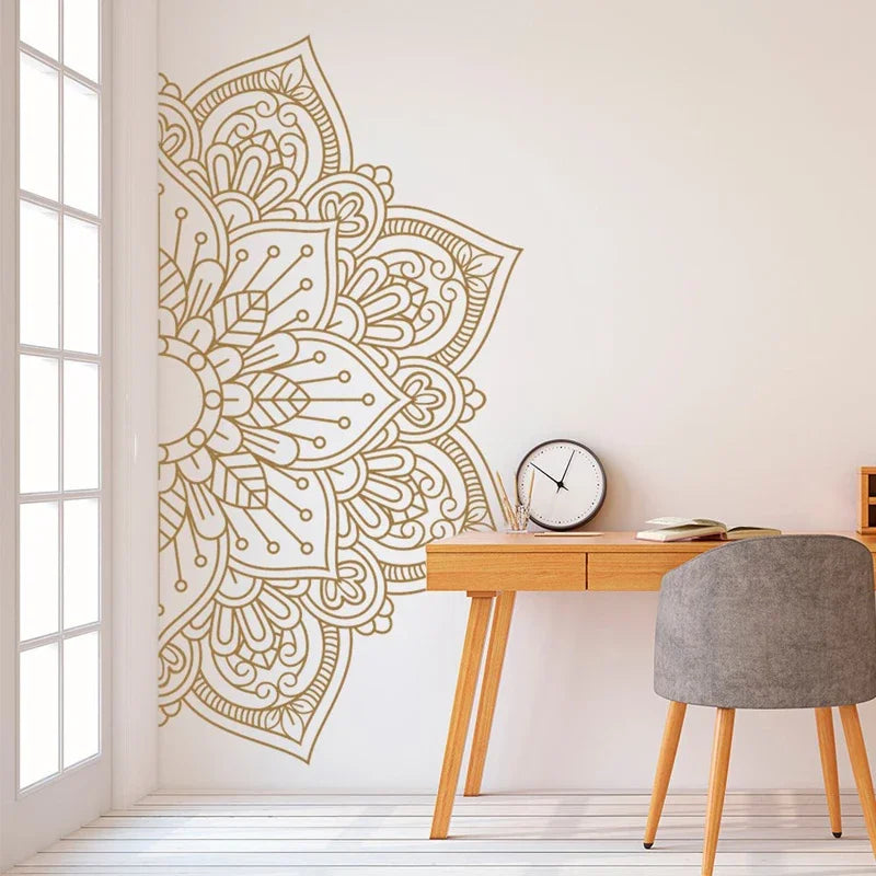 Mandala In Half Wall Sticker, Wall Decal, Decor For Home, Studio, Waterproof Vinyl Sticker For Meditation, Yoga Wall Art MT35