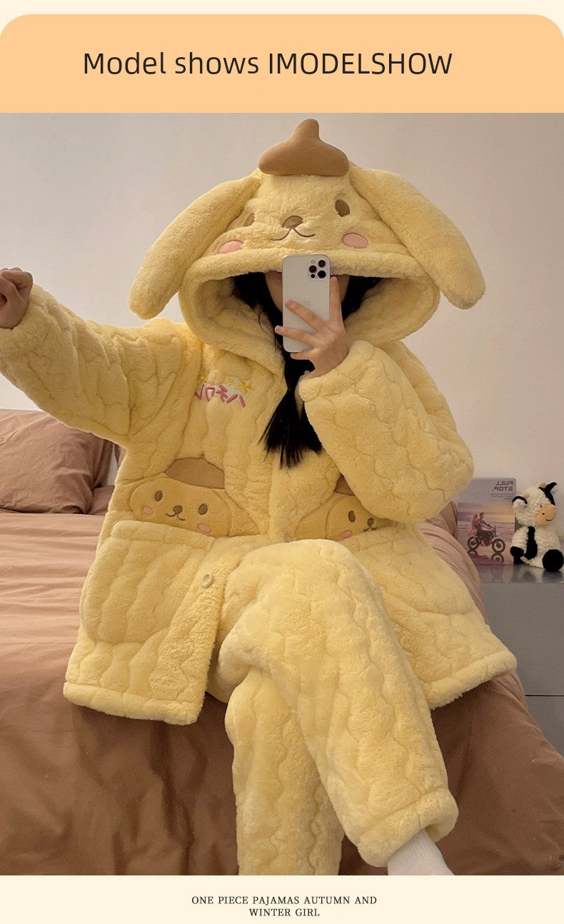 Pajamas Women's Autumn and Winter Thickened Fleece-lined Three-Layer Quilted Warm Coral Fleece Cute Pom Pom Purin Homewear Set