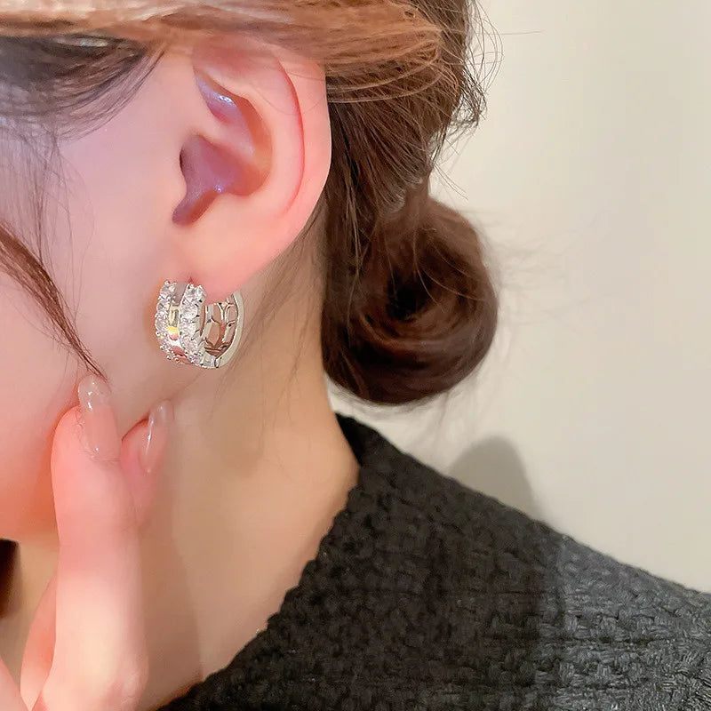 Huitan Trendy Female Silver Color Hoop Earrings with Bright Cubic Zirconia Fashion Women Daily Wearable Accessories Stylish Gift